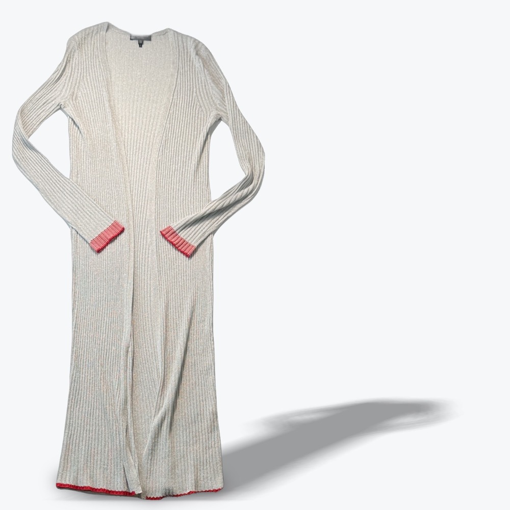 Rag & Bone Duster Cardigan Ribbed Silver Longline Sweater Metallic Red Trim XS
